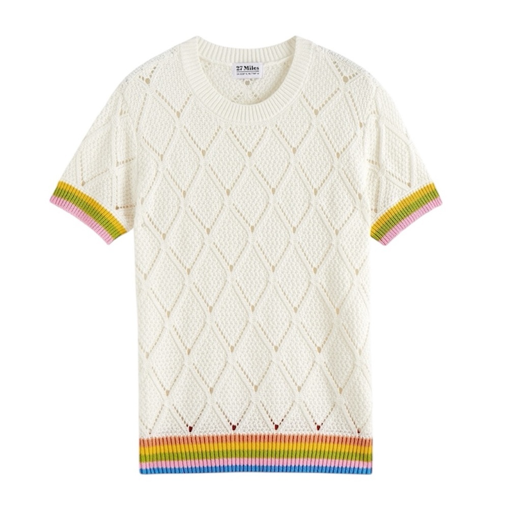27 MILES ADRIEL COTTON POINTELLE TOP WITH STRIPED TRIMS S Chalk